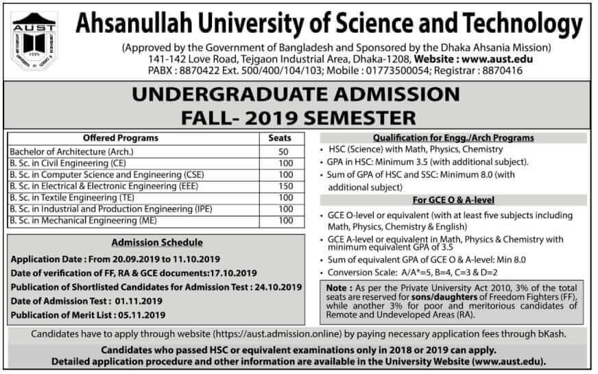 Ahsanullah University of Science and Technology (AUST) Admission and Ranking