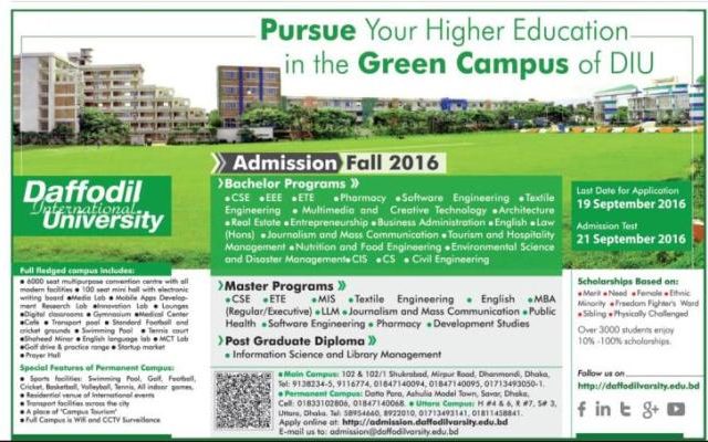 Daffodil International University Admission Fall 2016 Daffodil International University Admission Fall 2016